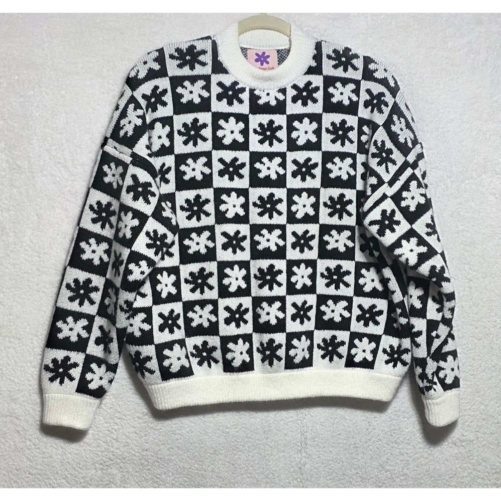 Lisa Says Gah Black White Checkerboard Floral Knit Sweater XL/2X Made in USA